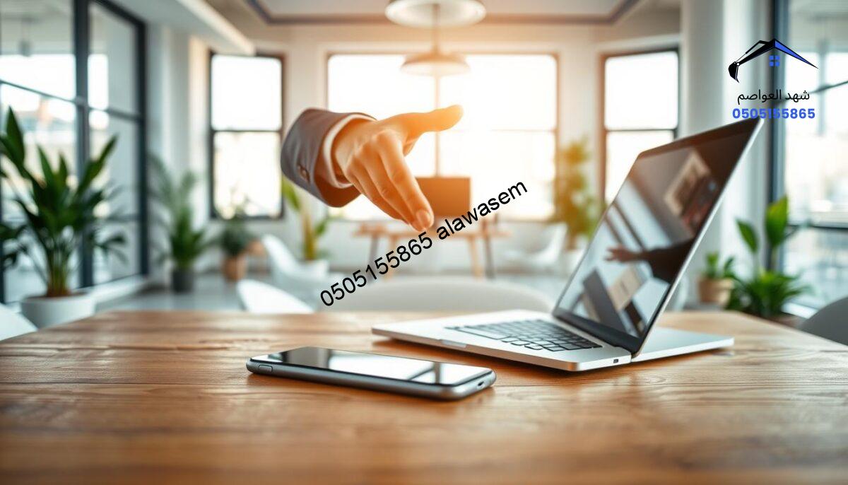 A professional and inviting image showcasing "تواصل معنا" in an elegant design. In the foreground, a sleek smartphone and a laptop are positioned on a modern wood desk, symbolizing communication tools. In the middle ground, a soft-focused hand reaches toward the devices, dressed in professional business attire, to depict engagement. The background features an airy office space with large windows, allowing natural daylight to stream in, creating a warm and welcoming atmosphere. Use a shallow depth of field to emphasize the foreground elements. The overall mood should convey openness and approachability, encouraging visitors to connect and interact. Bright, neutral tones dominate the color palette, accentuated by subtle greenery from potted plants in the corners.