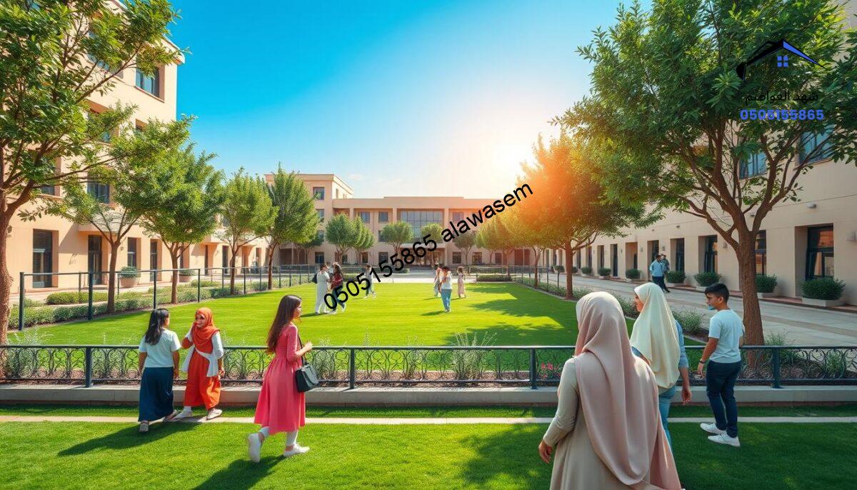 A professional and visually appealing image showcasing the economic benefits of installing privacy screens at schools and universities in East Riyadh. In the foreground, display a vibrant green schoolyard with several students engaged in outdoor activities, all wearing modest casual clothing. In the middle ground, feature high-quality, modern privacy screens that enhance the setting, reflecting durability and aesthetics. In the background, a sunny sky complements the scene, casting warm, inviting light, emphasizing growth and positivity. The composition should convey a professional atmosphere, illustrating how these privacy screens provide both functionality and visual appeal while enhancing the educational environment. Aim for a balanced, well-lit scene that symbolizes economic advantages through safety and increased property value.