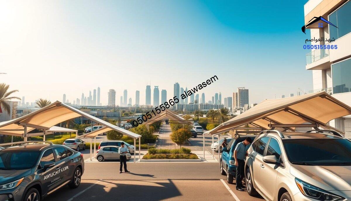 A professional company showcasing elegant car canopies in a modern urban setting. In the foreground, a variety of stylishly designed car canopies, resembling pyramid shapes, are being installed. Skilled workers, dressed in professional attire, are expertly working on the installation process. In the middle ground, the vibrant streets of Al-Faisaliah and Al-Nazhah neighborhoods can be seen, with lush greenery and modern architecture. In the background, the skyline of Riyadh is prominent under a bright, clear blue sky, providing a lively atmosphere. The sunlight casts soft shadows, creating a warm, inviting mood. The lens captures the scene from a slightly elevated angle, emphasizing the canopies' dynamic design against the urban landscape, ensuring a professional and engaging visual representation of the company's offerings.