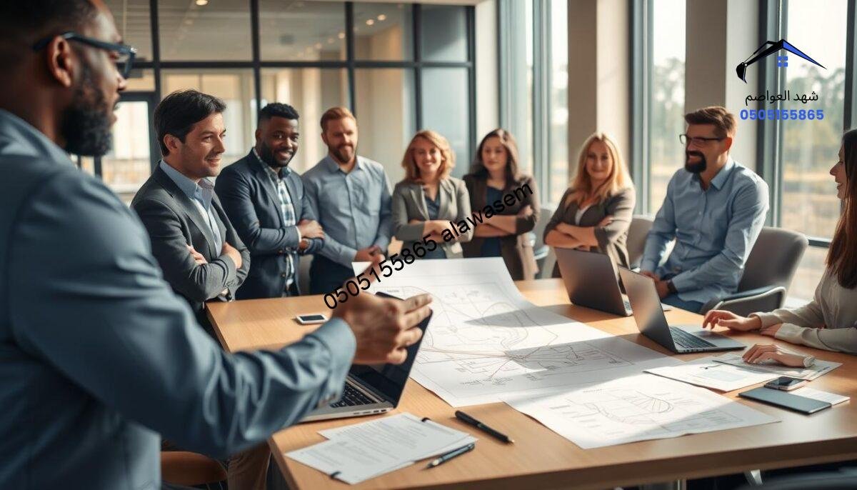 A professional consultation setting in a well-lit office, featuring a diverse group of individuals in modest business attire discussing security solutions for farms and projects. In the foreground, a focus on a confident consultant gesturing towards a detailed blueprint of security nets. The middle ground showcases a large table with laptops, papers, and plans related to security solutions, emphasizing teamwork and collaboration. The background includes a modern office environment with large windows allowing natural light, creating an inviting atmosphere. Soft shadows and warm lighting enhance the mood of professionalism and approachability, exuding a sense of engaging dialogue and mutual understanding.