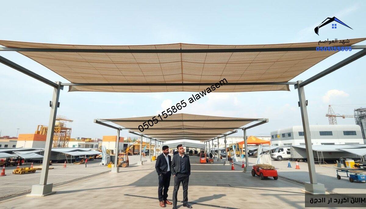 A professional installation of industrial and commercial canopies, prominently featuring the logo of "شركة مظلات سواتر شهد العواصم." In the foreground, focus on well-structured, modern canopies providing shade, with workers in professional business attire inspecting them. In the middle ground, showcase a bustling industrial site with various canopies displayed in use, enhancing the work environment. The background should include elements of a contemporary industrial park, with clear skies and soft, natural lighting to create a productive atmosphere. Utilize a wide-angle lens perspective to capture the breadth of the installation. Convey a sense of efficiency and professionalism, highlighting the importance of outdoor shade solutions in industrial settings.