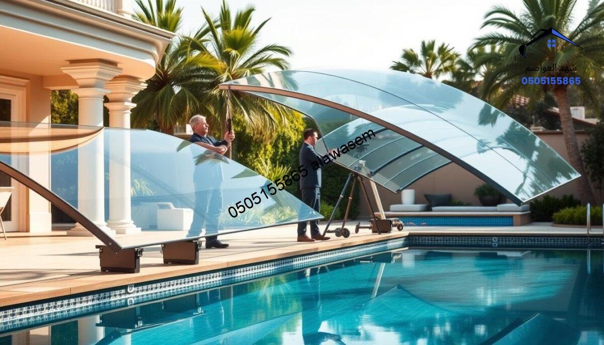A professional installation of transparent glass pool canopies in a luxurious villa setting. In the foreground, showcase the sleek, modern glass canopies with a polished finish, reflecting the surrounding light. The middle ground features skilled technicians in professional business attire, carefully assembling the structures using advanced tools and equipment. The background includes a beautifully landscaped garden, with lush greenery and a serene swimming pool, enhancing the luxurious atmosphere. Soft, natural sunlight bathes the scene, creating a bright and inviting mood. The image captures the essence of professional installation and maintenance services associated with high-end pool structures, without any text or distractions.