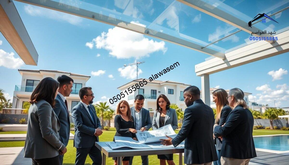 A professional team of consultants engaged in a free consultation session outdoors, surrounded by transparent glass pool canopies that showcase sleek modern designs. In the foreground, a diverse group of individuals in smart business attire, discussing plans with architectural blueprints spread out on a table. The middle ground features elegant villas with lush landscaping in a sunny atmosphere, enhancing the overall appeal of the area. The background includes a clear blue sky with a few fluffy clouds, ensuring a bright, inviting mood. Natural light illuminates the scene, casting gentle shadows that add depth, with a slight focus on the consultants to emphasize their expertise in pool canopy installation.