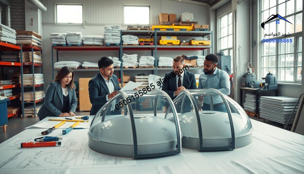 A professional team working diligently on thermal insulated tank canopies in a well-organized workshop. In the foreground, a diverse group of four professionals, dressed in smart business attire, collaborate at a large table cluttered with blueprints and tools, engaged in discussion. The middle layer features custom-designed canopies and materials strategically placed around them, illustrating the construction process. The background showcases a bright, well-lit workspace with shelves stacked with insulation materials and safety equipment prominently displayed. Natural light streams in from large windows, creating an inviting atmosphere. The focus is on teamwork, expertise, and innovation, emphasizing a professional and industrious mood. The perspective is slightly angled, capturing both the action and environment while maintaining a clean, sophisticated look.