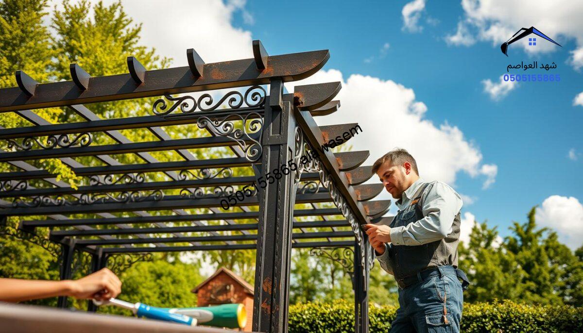 A professional technician in modest work attire is inspecting and performing maintenance on a metal pergola in a lush outdoor environment. In the foreground, tools such as a wrench and a screwdriver are placed on a nearby table. The middle ground showcases the sturdy, well-structured iron pergola, highlighting its intricate designs and components, with elements of rust and wear visible, indicating the need for maintenance. In the background, a bright blue sky with soft, fluffy clouds contrasts with the greenery of trees and shrubs surrounding the area. The lighting is warm and inviting, creating a serene atmosphere while emphasizing the importance of maintaining outdoor structures. The image should be framed from a slightly lower angle to give depth and focus to the technician's work.