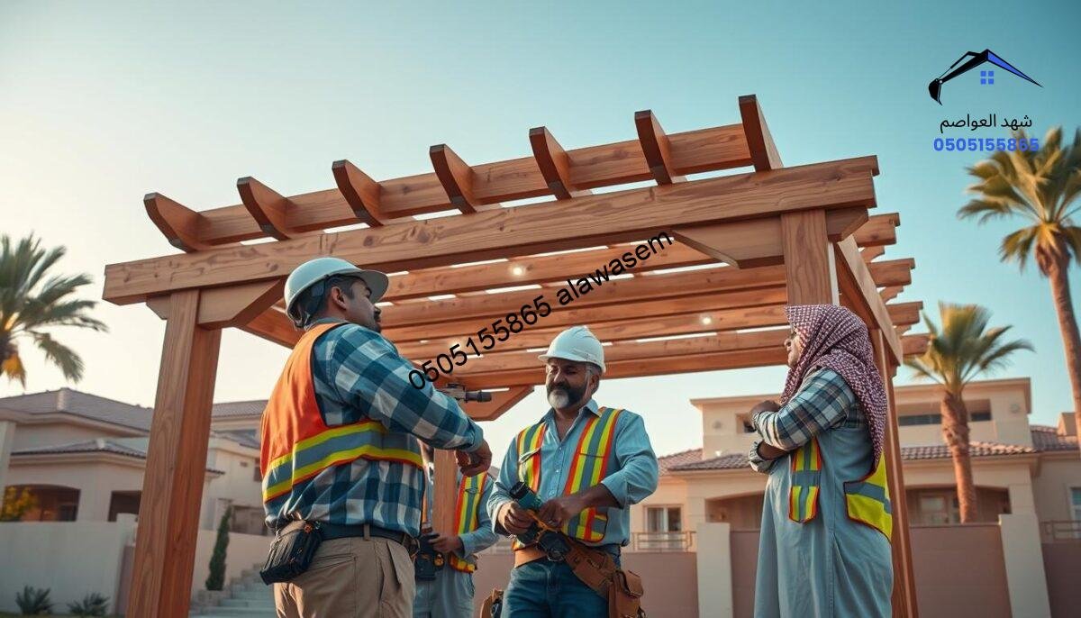 A professional work team engaged in constructing a wooden pergola equipped with LED lighting in East Riyadh. In the foreground, three workers of diverse backgrounds, dressed in professional attire with safety gear, collaborate closely on the project, utilizing tools like drills and measuring tape. In the middle ground, the partially completed pergola showcases elegant wooden beams and integrated LED fixtures. Soft, warm lighting highlights the team's focus and dedication. The background features a suburban setting with a glimpse of traditional Saudi architecture and palm trees under a clear blue sky. The scene conveys a sense of teamwork, professionalism, and craftsmanship in a vibrant atmosphere.