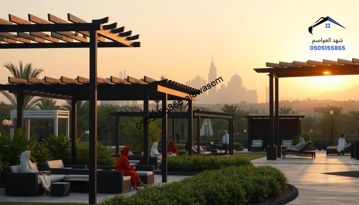 A scenic view showcasing different types of iron pergolas in west Riyadh's leisure areas. In the foreground, various elegantly designed pergolas in a range of styles, such as contemporary and traditional, with lush greenery surrounding them. The middle ground features relaxing outdoor seating arrangements with people dressed in modest casual attire, enjoying the serene atmosphere. The background displays the distinctive skyline of Riyadh under a warm, golden sunset, casting soft shadows and illuminating the structures. The image should capture the allure and importance of these pergolas for relaxation spaces in the area, with a tranquil and inviting mood. Use a wide-angle lens to emphasize the expansive scene and create a polished, professional composition.