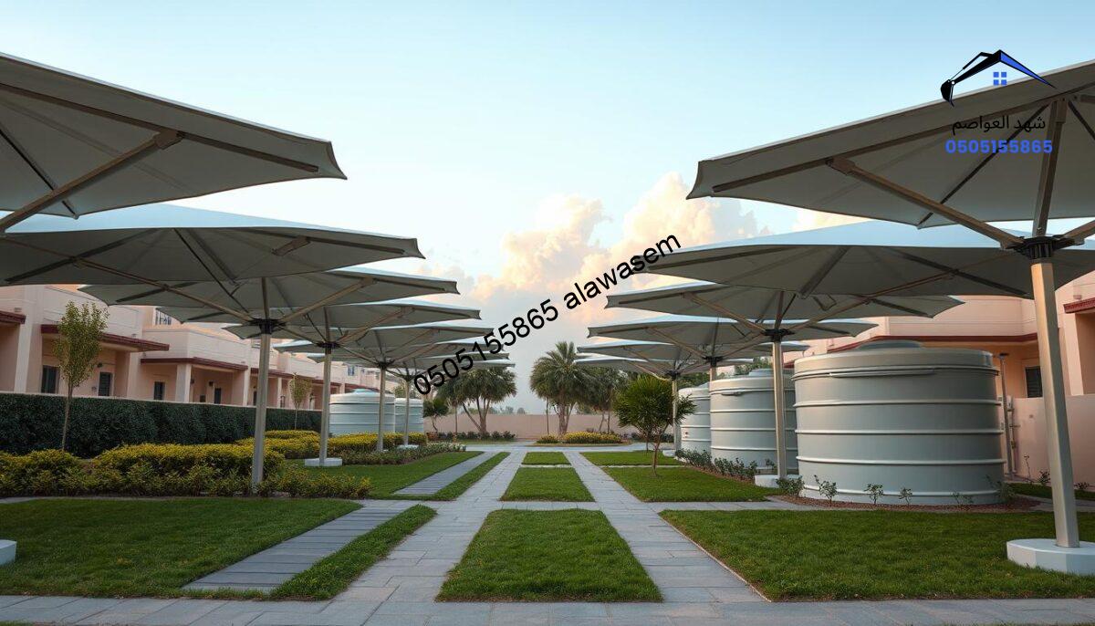 A serene and professional scene depicting thermal-insulated tank umbrellas in a residential area inspired by Al-A'red. In the foreground, show multiple sleek, modern umbrellas providing shade to large storage tanks, designed with a futuristic aesthetic. The middle ground features a well-maintained landscape with lush greenery and tidy pathways, creating an inviting atmosphere. In the background, include a clear blue sky and softly illuminated clouds to enhance the peaceful ambiance. Use soft, natural lighting to convey warmth and a sense of tranquility. The composition should be captured from an eye-level angle, emphasizing the elegance of the umbrellas and their functionality in a suburban setting. No humans or text should be present.