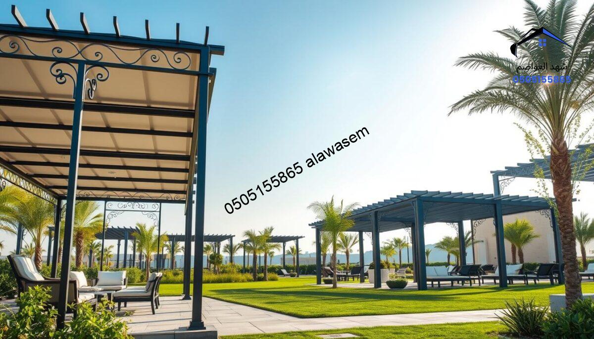 A serene outdoor scene highlighting various types of metallic pergolas designed for relaxation areas in Western Riyadh. In the foreground, showcase a spacious, modern pergola with elegant ironwork, featuring comfortable seating arrangements and lush greenery surrounding it. In the middle ground, depict other distinct styles of metallic pergolas, each showcasing unique architectural elements, providing shade and inviting ambiance. The background should feature a clear blue sky with soft light filtering through the pergolas, creating a warm and inviting atmosphere. The scene should convey a sense of tranquil luxury, ideal for leisure moments, with no people present, ensuring a focus on the pergolas and their harmonious integration into the landscape.