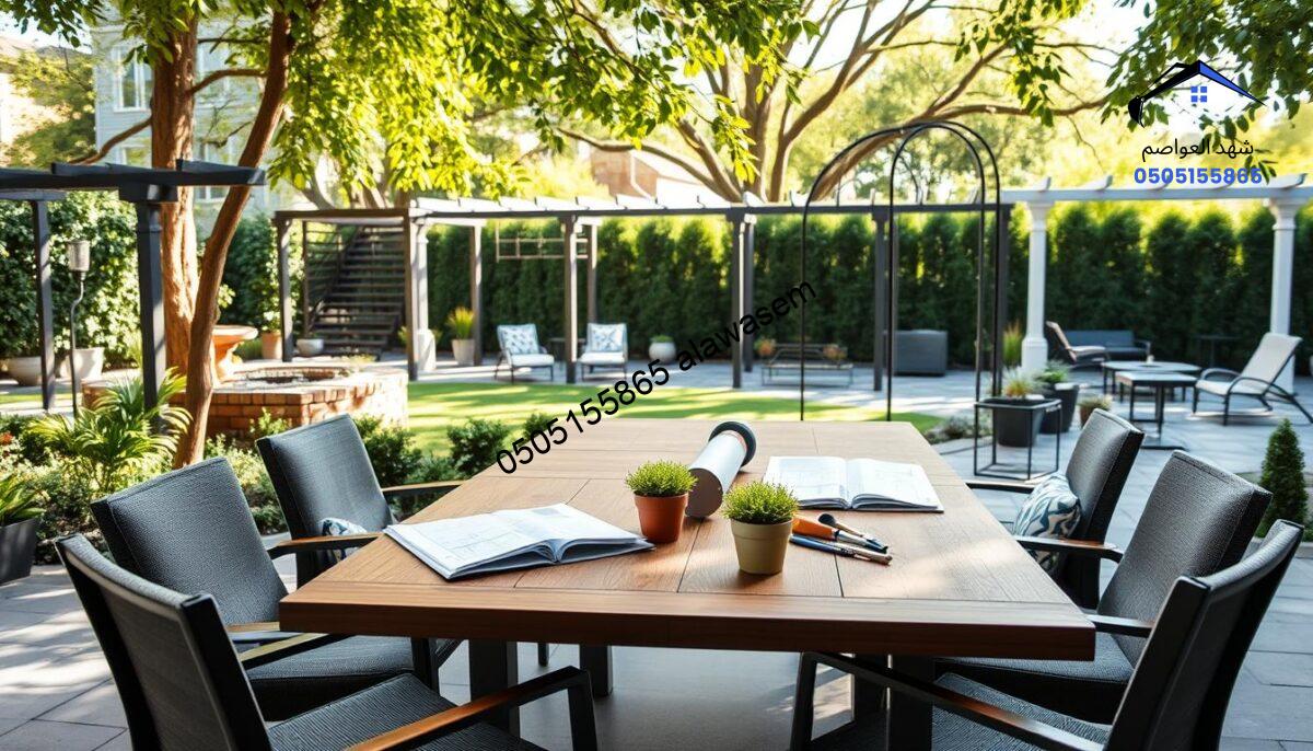A serene outdoor setting featuring a modern, inviting consultation space designed for discussing iron pergolas. In the foreground, a sleek wooden table with comfortable chairs arranged around it, set with blueprints, measuring tools, and plants to create a welcoming atmosphere. The middle ground showcases a selection of various styles of iron pergolas, each unique in design, artfully positioned to highlight their different features. The background features a lush garden with soft sunlight filtering through tree branches, casting dappled shadows. The scene feels warm and professional, conveying an atmosphere of collaboration and creativity. Use natural lighting to enhance the inviting quality, taken from a slightly elevated angle to capture the consultation space and pergolas effectively.