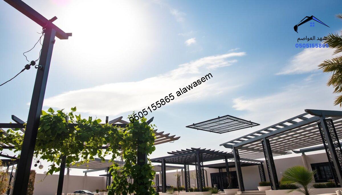 A serene outdoor setting showcasing various types of iron pergolas, reflecting a sense of modernity and elegance. In the foreground, a stylish iron pergola adorned with climbing plants, providing shade and comfort. The middle ground features a variety of custom-designed pergolas, each with unique patterns and structures, illustrating the versatility of the product. The background captures a clear blue sky with soft, diffused sunlight filtering through, enhancing the inviting atmosphere. The scene conveys a mood of tranquility and sophistication, perfect for leisure spaces in West Riyadh. A subtle lens flare adds warmth to the image, while the perspective is slightly tilted upwards to highlight the architectural details of the pergolas. No textual elements present, ensuring focus on the visual appeal of the pergolas.