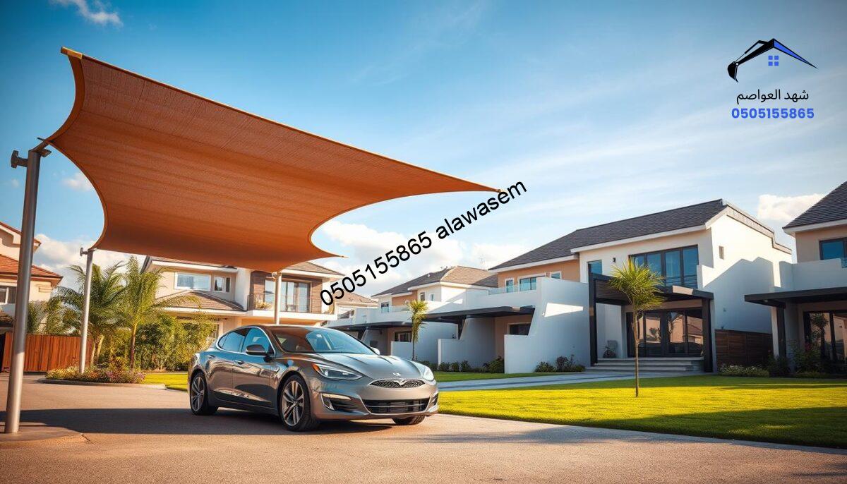 A serene residential neighborhood featuring a variety of car shades and villa canopies. In the foreground, showcase a well-designed car shade, made of durable, heat-insulating materials, elegantly arching over a sleek car. In the middle ground, include a selection of modern villas, their façades adorned with stylish thermal-insulated canopies, casting gentle shadows on the manicured lawns. The background reveals a clear blue sky, with soft clouds enhancing the tranquil atmosphere. Use warm, natural lighting to convey a welcoming mood, adding subtle shadows for depth. The composition should focus on the architectural beauty and functionality of these shaded structures, illustrating their importance in residential settings. Ensure the image is devoid of any text, watermarks, or identifiers.