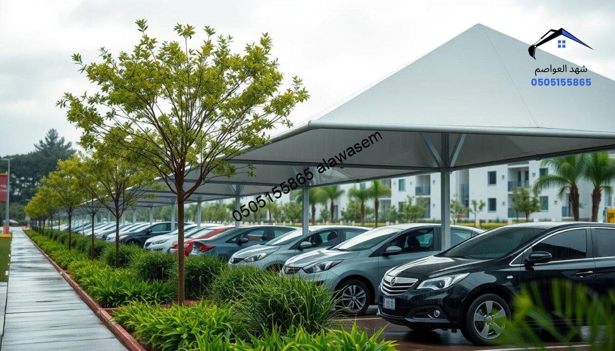 A serene urban scene showcasing a row of pyramid-shaped car canopies providing protection from the elements. In the foreground, several cars parked neatly underneath the canopies, glistening with raindrops, while the canopies shield them from a light drizzle. In the middle ground, display fresh greenery and well-maintained sidewalks, enhancing the aesthetic of the area. In the background, soft-focus residential buildings and trees lightly swaying in the breeze under a cloudy sky. The lighting is soft and diffused, evoking a calm atmosphere, with a cool color palette of blues and grays. This scene emphasizes the importance of car protection against weather elements, illustrating a practical solution in an urban environment. The image captures a sense of tranquility and modernity, without any human subjects or distractions.
