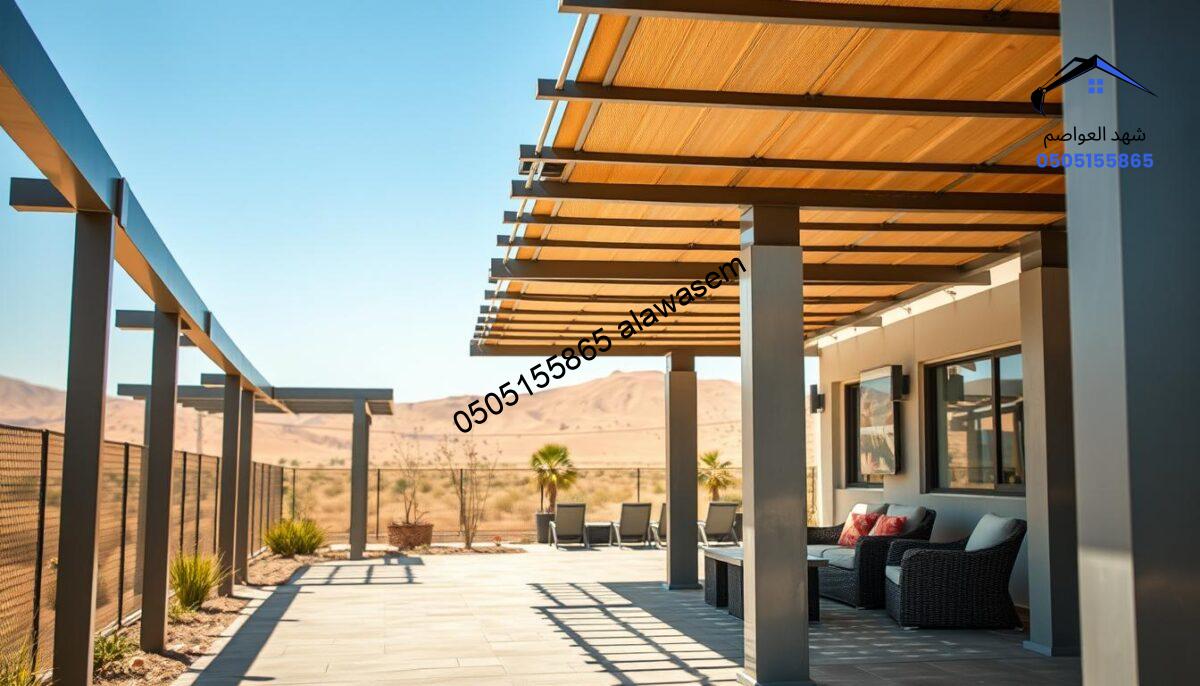 A series of robust, weather-resistant pergolas designed for harsh climates, prominently displayed in the foreground. The pergolas are made of galvanized steel, featuring modern, sleek lines and sturdy roofing materials that can withstand strong winds, heavy rain, and intense sunlight. In the middle ground, a calm and inviting outdoor seating area is visible, furnished with comfortable, weatherproof furniture, set against a backdrop of dusty, sun-drenched landscapes typical of the western Riyadh region. The lighting is bright and sunny, emphasizing the durability and style of the pergolas. The image conveys resilience and comfort, ideal for outdoor relaxation. A slight depth of field adds focus to the pergolas, while the background remains slightly blurred to enhance the visual interest.