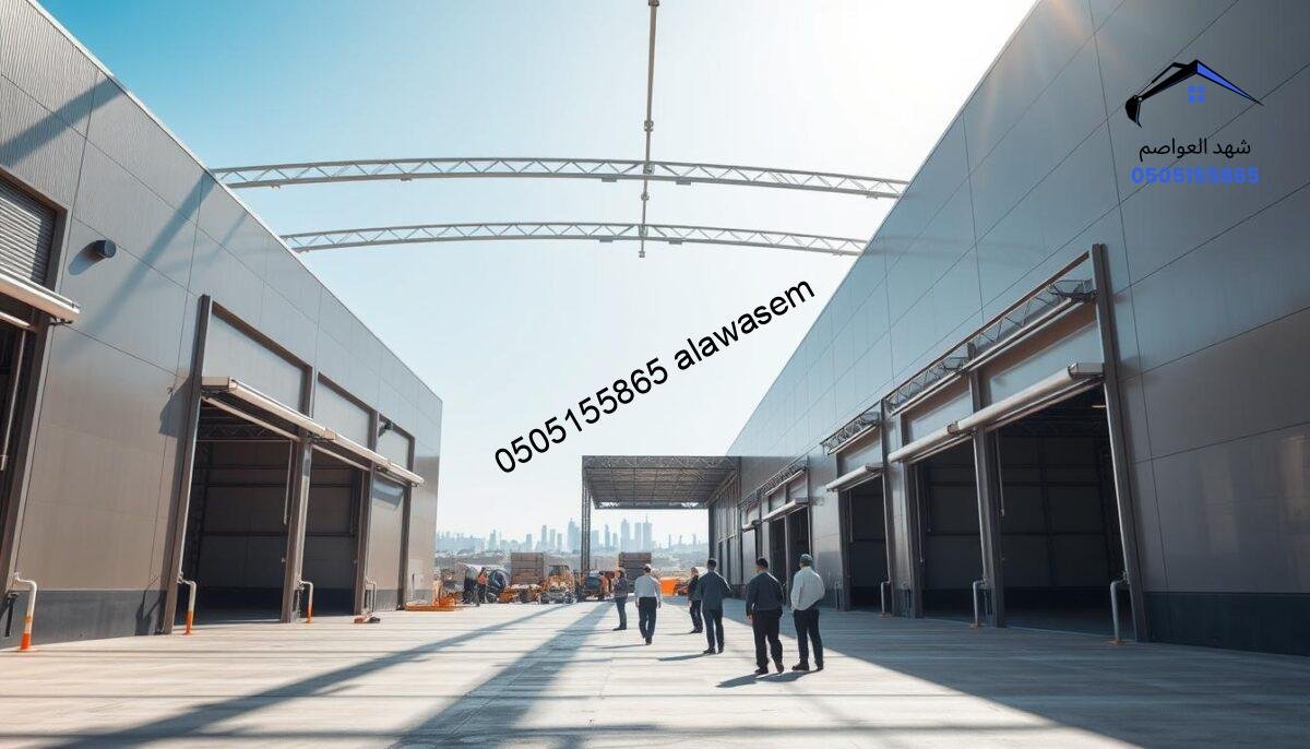 A spacious industrial warehouse in East Riyadh, showcasing modern prefabricated structures. In the foreground, several sleek steel hangars display large roll-up doors, reflecting sunlight. The middle ground features construction workers in professional attire, collaborating on the assembly of a new hangar. The background reveals a clear blue sky and distant outlines of the Riyadh skyline, enhancing the urban setting. Natural lighting illuminates the scene, casting soft shadows that emphasize the textures of the metal and concrete. The atmosphere conveys efficiency and innovation, embodying the essence of industrial development in the area.