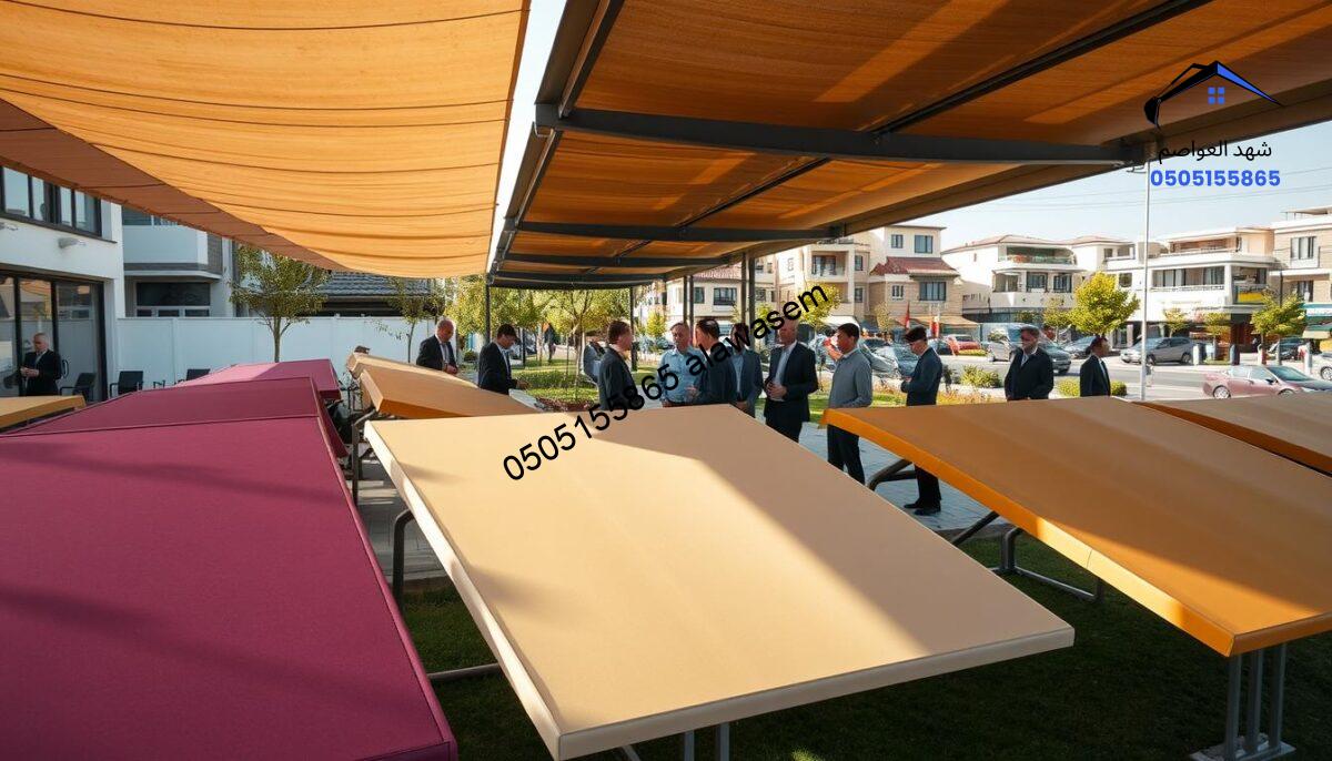 A spacious outdoor area showcasing a range of high-quality thermal-insulated canopies from "شركة مظلات سواتر شهد العواصم" in a modern neighborhood setting. In the foreground, there are elegant, colorful canopies, emphasizing their thermal properties with visible textures. The middle ground features several customers inspecting the canopies, dressed in smart casual and professional attire, engaging with sales representatives. In the background, the bustling neighborhood of حي الشفا والعارض is visible, with soft sunlight casting warm shadows, creating a welcoming atmosphere. The image is taken from a slightly elevated angle, capturing both the canopies and the interactions, with a focus on inviting colors and sleek designs that convey quality and comfort.
