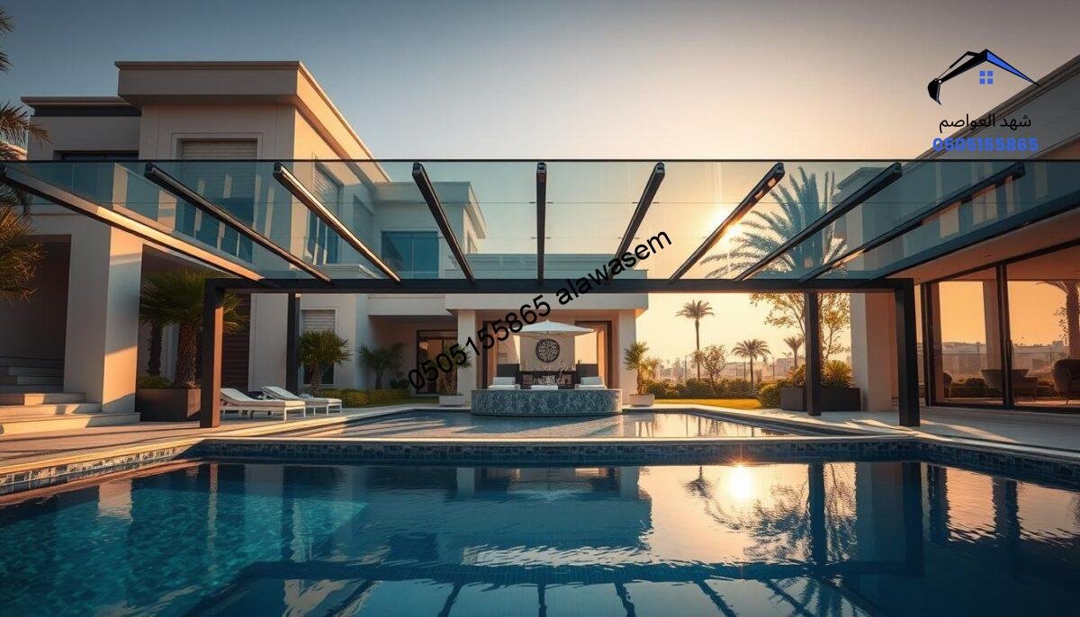 A stunning display of the latest technologies in manufacturing transparent glass pool canopies, showcasing their sleek design and innovative features. In the foreground, highlight a beautifully crafted glass canopy with clean lines and modern aesthetics, seamlessly integrated into a luxurious villa setting in Hay Al-Ruhda. The middle ground features a serene swimming pool surrounded by elegant landscaping that complements the high-end architecture. In the background, soft sunlight filters through the glass, casting gentle reflections on the water's surface. Capture the scene with a slightly elevated angle and warm, inviting lighting that conveys a mood of quality and professionalism, emphasizing the craftsmanship and commitment to excellence in pool canopy installation. No people should be present in the image.
