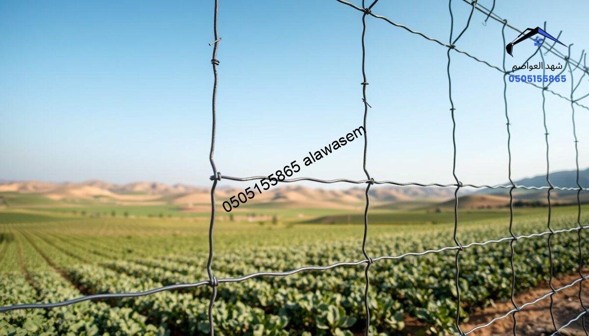 A sturdy security fence designed for agricultural use in farms and projects around West Riyadh, showcasing its durable materials and robust construction. In the foreground, the fence's metal frames are prominently displayed, with intricate patterns of the mesh visible. The middle ground features a sprawling farm landscape with a variety of crops, highlighting the importance of security in agricultural settings. In the background, rolling hills under a clear blue sky create a serene atmosphere. Soft, natural lighting accentuates the fence's features and the vibrant colors of the crops. The overall mood conveys safety, resilience, and growth, illustrating the essential role of security fencing in protecting valuable farmland.