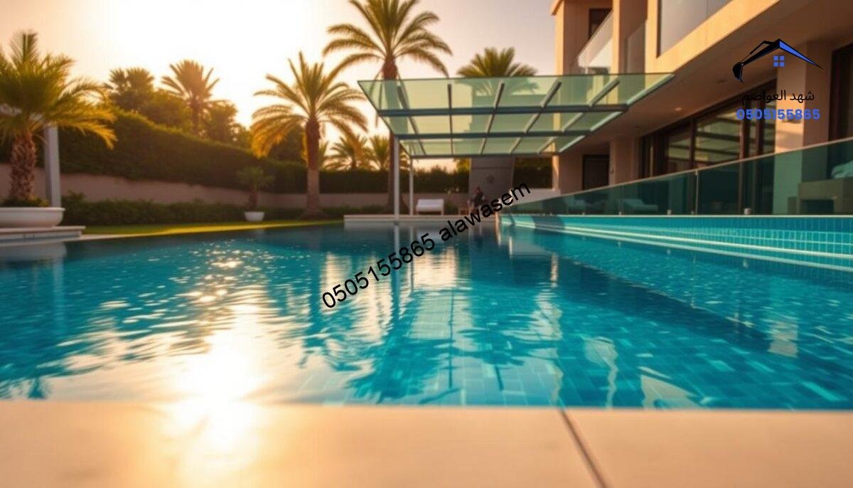 A stylish modern villa in the upscale neighborhood of Al Rawda, featuring a transparent glass pool canopy that provides customized shade solutions tailored to client needs. In the foreground, showcase a sleek, elegantly designed pool with shimmering blue water, reflecting the sunlight. In the middle, display the innovative glass structure, seamlessly integrated with the villa's architecture, casting intricate shadows on the pool area. In the background, lush greenery and palm trees enhance the serene atmosphere. The scene is illuminated by warm, natural light during the golden hour, creating a tranquil and inviting ambiance. The angle captures the elegance and functionality of the glass pool shade, highlighting its integration into the luxurious outdoor living space.