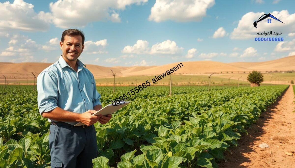 A successful agricultural project in a beautiful farm setting in West Riyadh, showcasing strong and durable security nets surrounding lush greenery and vibrant crops. In the foreground, a smiling farmer in professional attire inspects the healthy plants while holding a clipboard. In the middle ground, well-constructed security systems are elegantly integrated into the landscape, with protective nets glistening in the warm sunlight. The background features gently rolling hills under a bright blue sky with fluffy white clouds, creating an inviting and optimistic atmosphere. The lighting is bright and natural, casting soft shadows, and the scene is captured from a slightly elevated angle to provide a comprehensive view of the project.