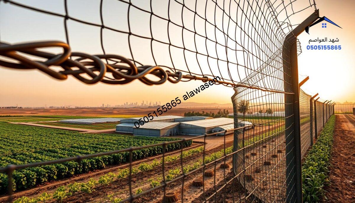 A vibrant agricultural scene in Western Riyadh, showcasing strong, durable security fences around farms and projects. In the foreground, intricately woven security fences, designed for protection, are displayed alongside verdant fields and plants. The middle ground features agricultural structures such as warehouses and greenhouses, highlighting their integration with the security systems. In the background, the Riyadh skyline is visible, with desert landscapes under a warm, golden sunset sky, casting soft light on the scene. The atmosphere is calm and industrious, reflecting the significance of these security applications in agricultural development. Use a wide-angle lens for depth and clarity, emphasizing the harmony between rural enterprise and security solutions while maintaining a professional appearance throughout.