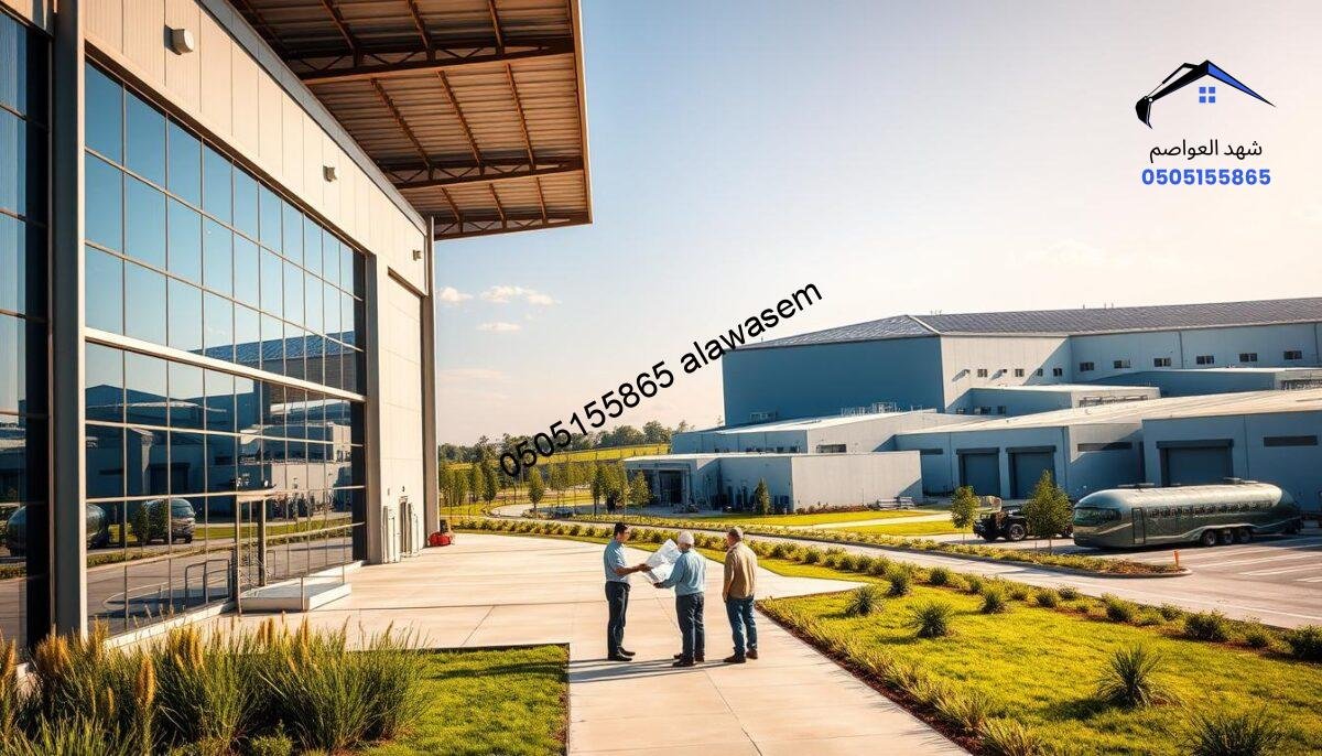 A vibrant and detailed image showcasing successful industrial and commercial hanger projects in a modern industrial park. In the foreground, depict a sturdy, large metal hanger with clear, bright windows, reflecting a blue sky. In the middle ground, include professional workers in business attire or modest casual clothing, discussing plans and inspecting machinery, emphasizing teamwork and collaboration. The background features several other completed hangers, surrounded by green landscaping and well-maintained pathways. The scene is illuminated by warm, natural sunlight, emphasizing a productive and efficient atmosphere. Use a wide-angle lens perspective to capture the scale and details of the project, creating an inviting and inspiring visual narrative.