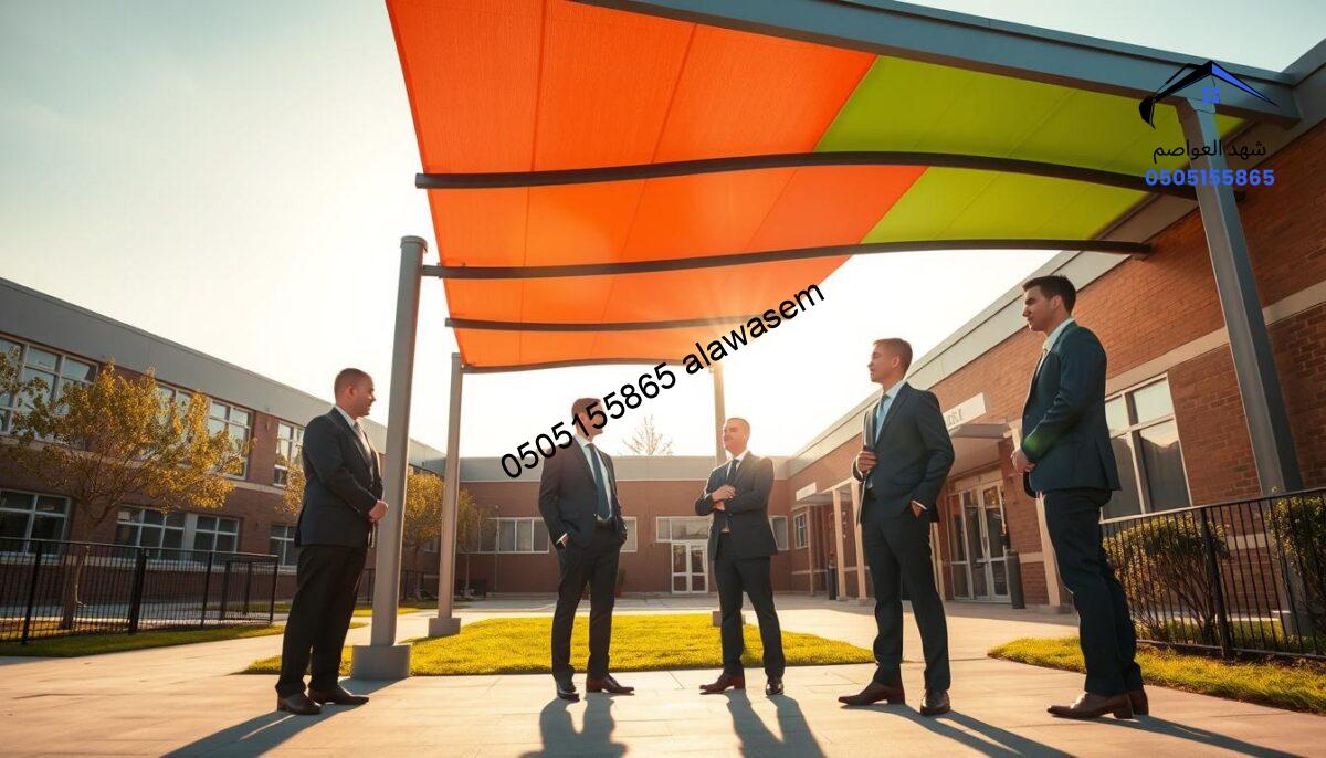 A vibrant, high-quality image showcasing the concept of "quality assurance in school canopies." In the foreground, a group of professionals in smart business attire inspect a modern, sturdy canopy structure outside a school, symbolizing care and attention to detail. In the middle ground, the canopy is elegantly designed with vibrant colors, casting soft shadows on the ground. In the background, a school building is visible, bathed in warm afternoon light, enhancing the sense of a safe and welcoming learning environment. The atmosphere is one of professionalism and commitment to excellence, with rays of sunlight filtering through the canopy, creating a positive and uplifting mood. Ideal composition is from a slightly elevated angle, capturing both the professionals and the canopy's features effectively.