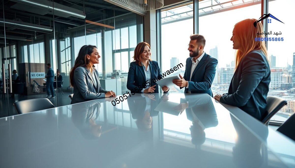 A vibrant scene showcasing a modern office environment for business communication, centered around a sleek and polished conference table. In the foreground, a diverse group of four professionals in business attire engages in a conversation, with one person gesturing towards a digital tablet. The background features a large window with natural light streaming in, revealing a cityscape of the industrial area. Soft, bright colors create an atmosphere of collaboration and connectivity. The composition is slightly angled to emphasize the openness and inviting nature of the space, with high-resolution details capturing reflections from nearby glass surfaces and a modern aesthetic that promotes professionalism and approachability.