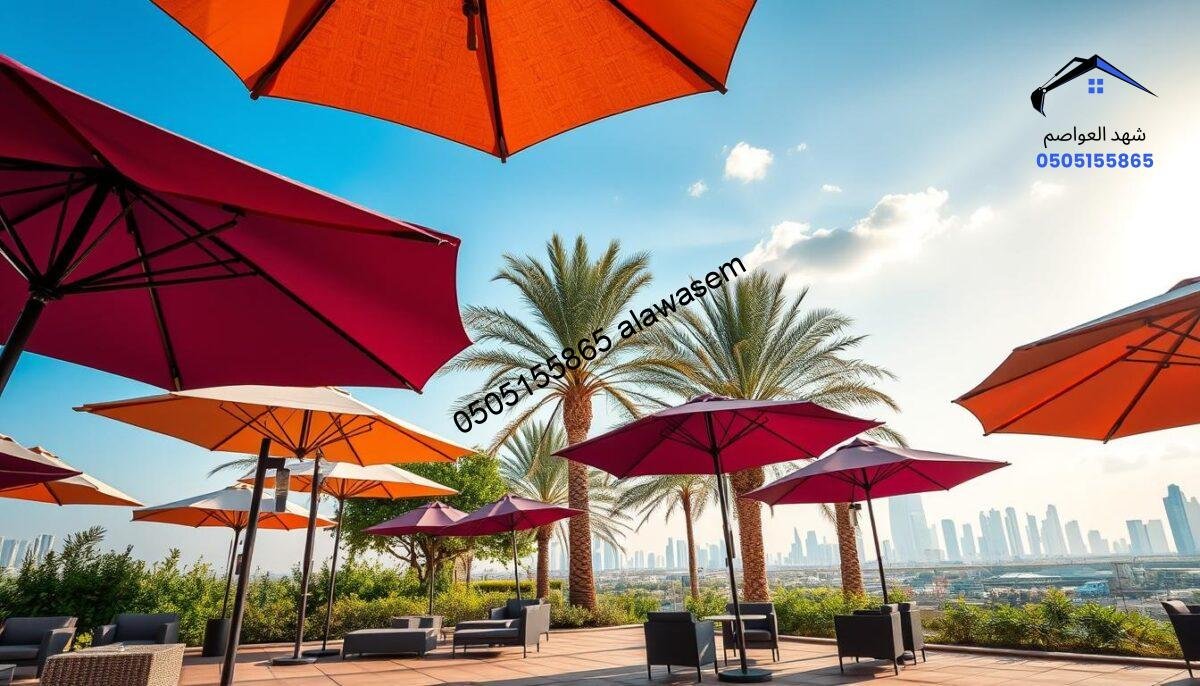 A vibrant scene showcasing elegant outdoor umbrellas in Riyadh, emphasizing their importance for shade and comfort. In the foreground, a variety of large, colorful umbrellas are partially closed, casting intricate shadows on a modern tiled terrace with sleek furniture. The middle ground features lush greenery, with palm trees swaying gently, creating a refreshing atmosphere. In the background, the skyline of Riyadh is visible under a bright blue sky, dotted with a few fluffy white clouds. The image should be captured during the golden hour, with warm, inviting sunlight illuminating the scene, enhancing textures and colors. The overall mood is serene and inviting, highlighting the significance of having umbrellas in outdoor spaces for leisure and protection from the sun.
