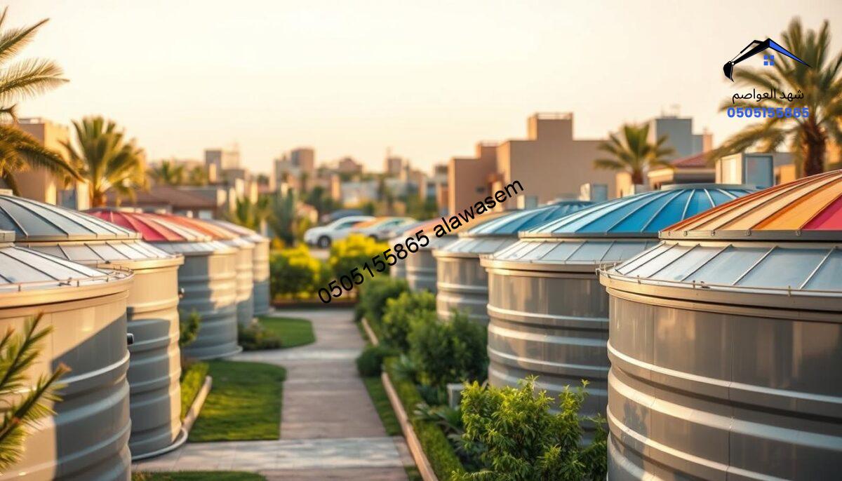 A vibrant scene showcasing insulated storage tank canopies in the Al-Shifa neighborhood. In the foreground, display a series of modern storage tanks, covered with colorfully designed, thermal-insulated canopies, reflecting efficient heat protection. The middle ground features lush greenery and well-maintained pathways, emphasizing the neighborhood's environment. In the background, depict subtle elements of urban architecture, providing context to the location without overwhelming the focus on the tanks. The lighting is warm and inviting, as if it's late afternoon, casting soft shadows and highlighting the textures of the canopies. Capture a tranquil atmosphere, showcasing the balance between functionality and aesthetic appeal, with a slight depth of field to draw attention to the canopies.