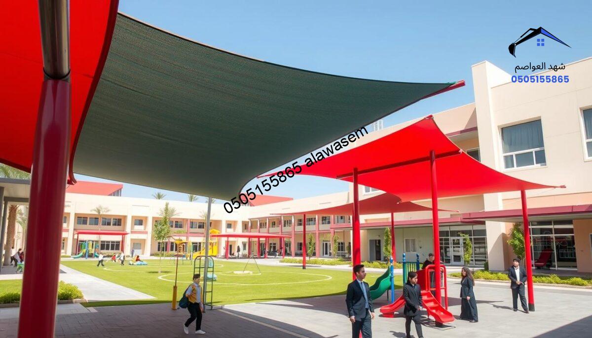 A vibrant scene showcasing school canopies, or "سواتر مدارس," in a modern educational environment in East Riyadh. In the foreground, colorful and sturdy shading structures are designed to protect students from the sun, with details of fabric texture and supports. The middle ground features a clean, spacious schoolyard filled with well-maintained playground equipment and students dressed in professional attire, engaging in activities under the canopies. The background reveals contemporary school buildings with large windows and greenery, enhancing the atmosphere of a friendly learning space. Bright, natural lighting emphasizes the structures, creating a welcoming and safe environment, captured from a slightly elevated angle to provide depth.