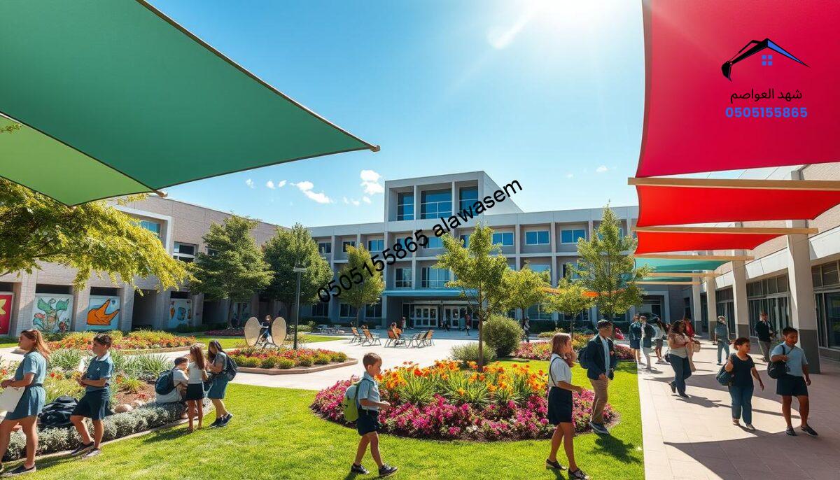 A vibrant schoolyard scene showcasing aesthetic improvements in educational spaces, featuring beautifully designed shade structures made of high-quality materials. In the foreground, students dressed in professional attire engage in collaborative activities under colorful and stylish canopies, creating a lively atmosphere. The middle layer depicts well-maintained gardens with bright flowers and lush greenery surrounding the school, while art installations and engaging learning hubs can be seen. In the background, the modern architecture of the school building rises against a clear blue sky, with sunlight streaming in, casting soft shadows. The overall mood is uplifting and inspiring, emphasizing a harmonious blend of functionality and beauty in educational environments. The image should capture the essence of improvement and rejuvenation in school facilities, promoting a healthy learning atmosphere.