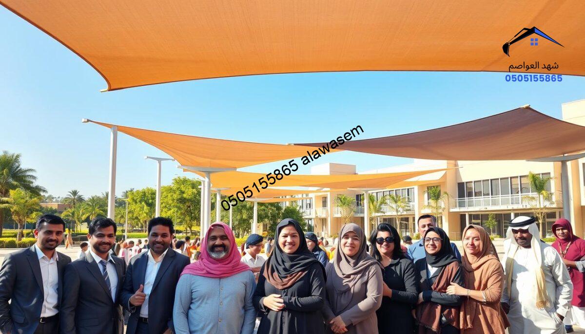 A visually appealing scene depicting satisfied customers interacting with high-quality school and university shade structures in East Riyadh. In the foreground, a diverse group of customers, dressed in professional business attire and modest casual clothing, share their positive experiences with the installations, showcasing smiles and gestures of approval. The middle ground features various elegantly designed shade structures casting cool shadows over an outdoor area filled with students. The background displays lush greenery and modern school architecture under a clear blue sky, creating a welcoming atmosphere. The lighting is warm and inviting, highlighting the quality of the shade structures while accentuating the happiness of the customers. The image should evoke a sense of community and satisfaction, illustrating excellent client experience.