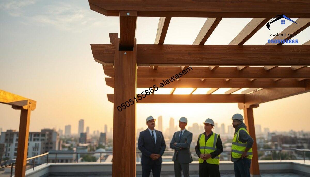 A well-designed rooftop pergola in East Riyadh, showcasing elegant wooden beams and integrated LED lighting, set against a bright, clear sky during the late afternoon. In the foreground, a close-up of the pergola's structure highlights its craftsmanship, with soft golden light casting gentle shadows. In the middle ground, a few professionals dressed in smart business attire observe the installation process, discussing safety measures with construction workers wearing helmets and reflective vests. The background features an urban skyline of East Riyadh, blending modern architecture with a touch of natural greenery. The overall atmosphere conveys a sense of safety, professionalism, and compliance with regulations, focusing on the quality and aesthetics of the wooden pergola design. The lighting should enhance the warm tones of the wood while emphasizing the LED lighting's subtle glow.