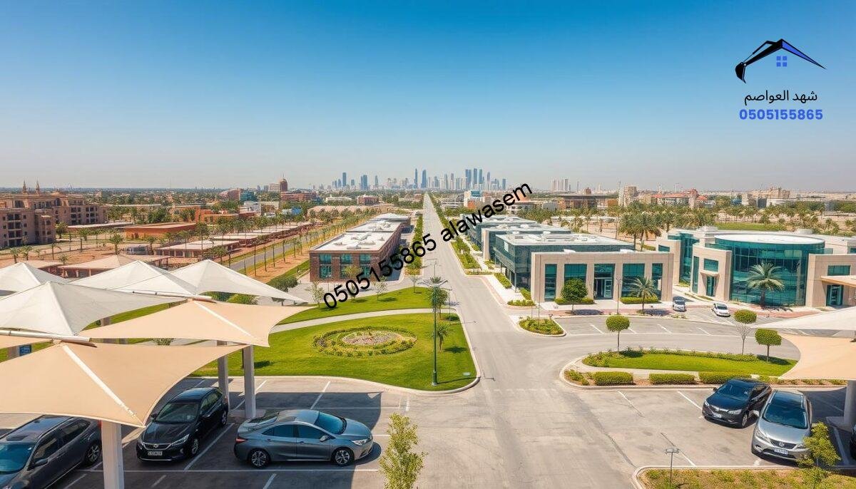 Aerial view of the service areas in East Riyadh, showcasing modern car shade structures with a pyramidal design. In the foreground, there are neatly arranged cars parked under these stylish shades, offering protection from the sun. The middle ground features a well-maintained urban landscape, with paved pathways, lush green landscaping, and contemporary buildings reflecting the architectural style of the region. In the background, the skyline of East Riyadh is visible, highlighting a blend of residential and commercial structures under a clear blue sky. The lighting is warm, conveying a sunny afternoon ambiance. The mood is inviting and professional, perfect for illustrating urban development and service areas.