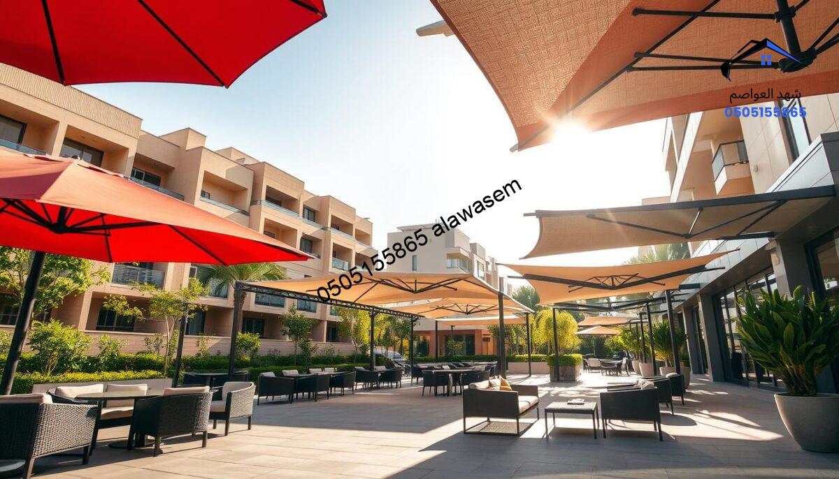 An outdoor scene featuring elegant, modern shade structures, representing the services of "خدمات مظلات شهد العواصم." The foreground showcases a stylish patio area with large, colorful umbrellas casting shade over comfortable seating. In the middle, various designs of canopy structures are displayed, highlighting their versatility and aesthetic appeal. The background is a warm, sunlit urban environment, seamlessly blending residential and commercial buildings. Soft, diffused sunlight enhances the inviting atmosphere, creating playful shadows on the ground. The mood is relaxed yet sophisticated, ideal for outdoor gatherings. The angle captures a slightly elevated perspective, offering a comprehensive view of the shade solutions in action, surrounded by greenery and urban elements. No human figures present.