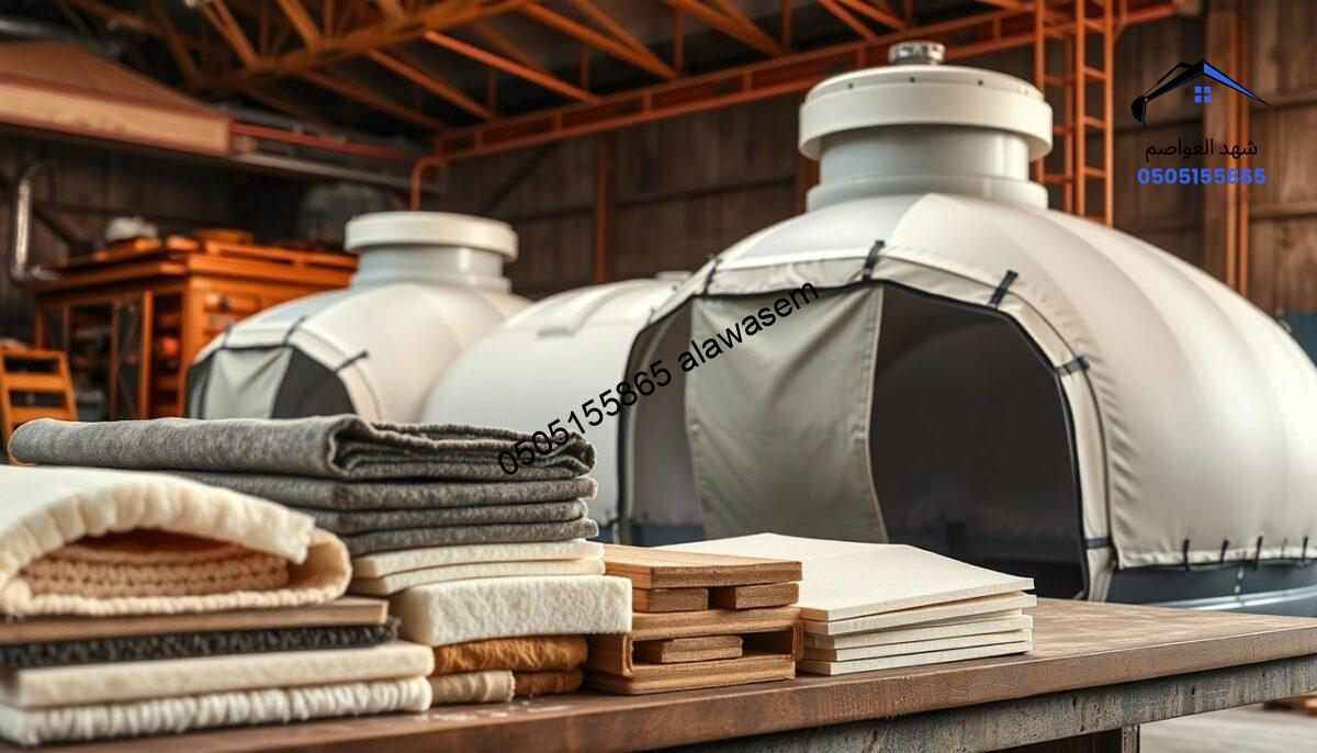 Highly detailed image of insulated tank canopies, showcasing a selection of materials used in their construction. In the foreground, display various textures and colors of insulation materials, such as fiberglass and foam, arranged aesthetically on a workbench. In the middle ground, feature partially assembled tank canopies, emphasizing their unique designs, including reinforced edges and weather-resistant fabric. The background should include a construction site setting in the Al-Shifa neighborhood, with warm, natural lighting illuminating the scene from a low angle. The mood is professional and focused, highlighting the craftsmanship and technical aspects of thermal insulation. Ensure the image is clear, with no text or branding elements present.